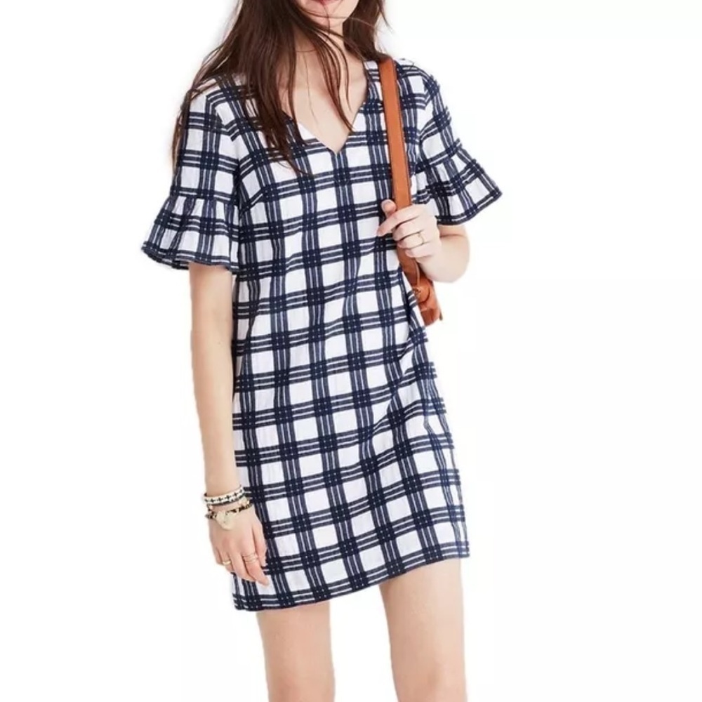 Madewell Bell-Sleeve V-Neck Blue Gingham Leighton Plaid Dress Sz 4